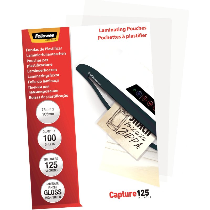 Pochettes de plastification Fellowes 75 x105 mm 125 µ brillantes - Boîte de 100