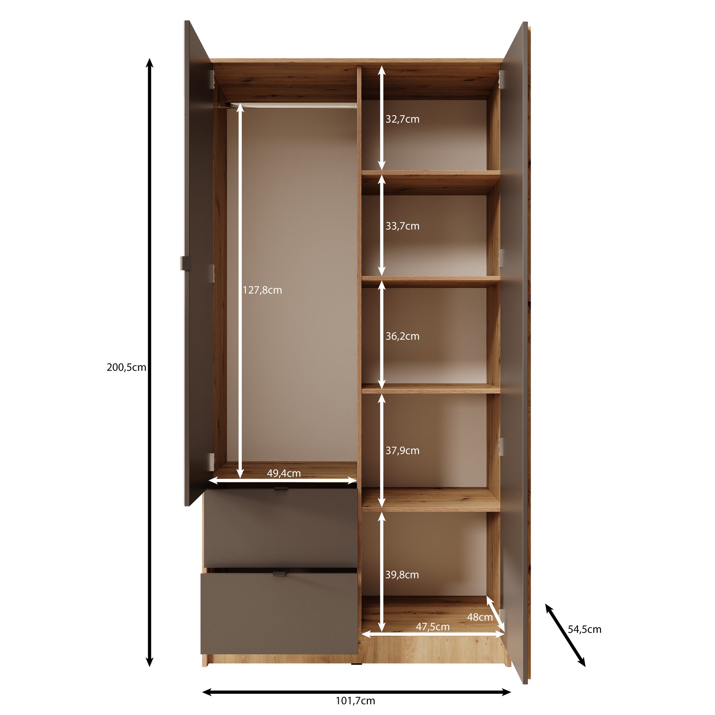Kavalli - Kledingkast met 2 deuren - Zwart - 102x55x201 cm