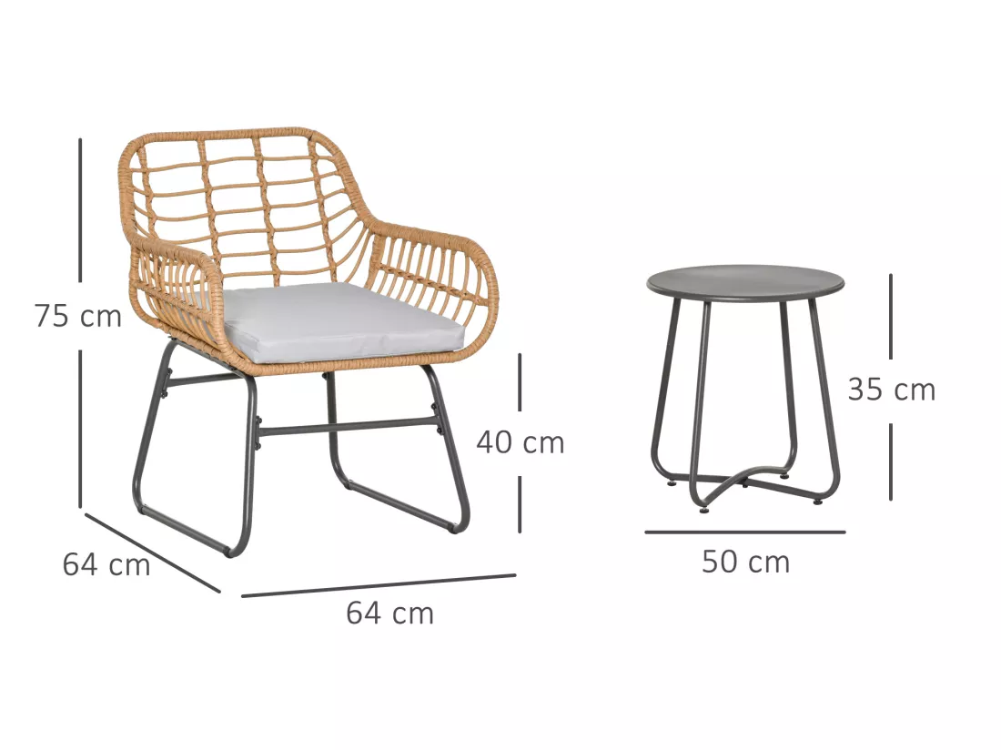 Outsunny Ensemble bistro de jardin 2 places 3 pièces style exotique 2 fauteuils + table basse résine tressée beige acier époxy gris
