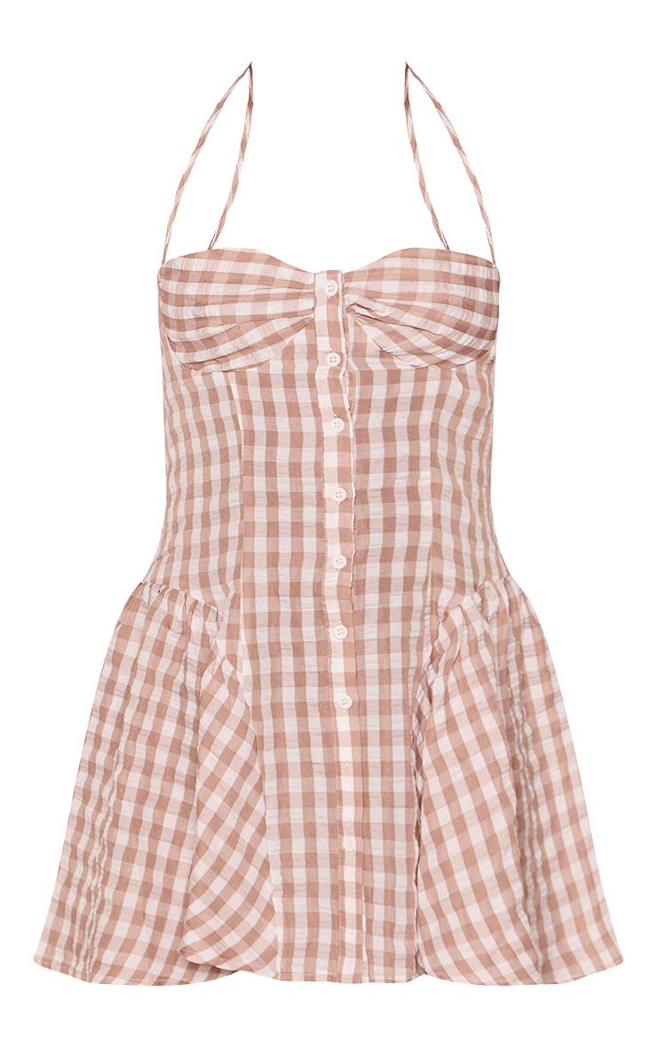 Gris Pierre Robe Droite Vichy À Encolure Américaine Avec Boutonnage