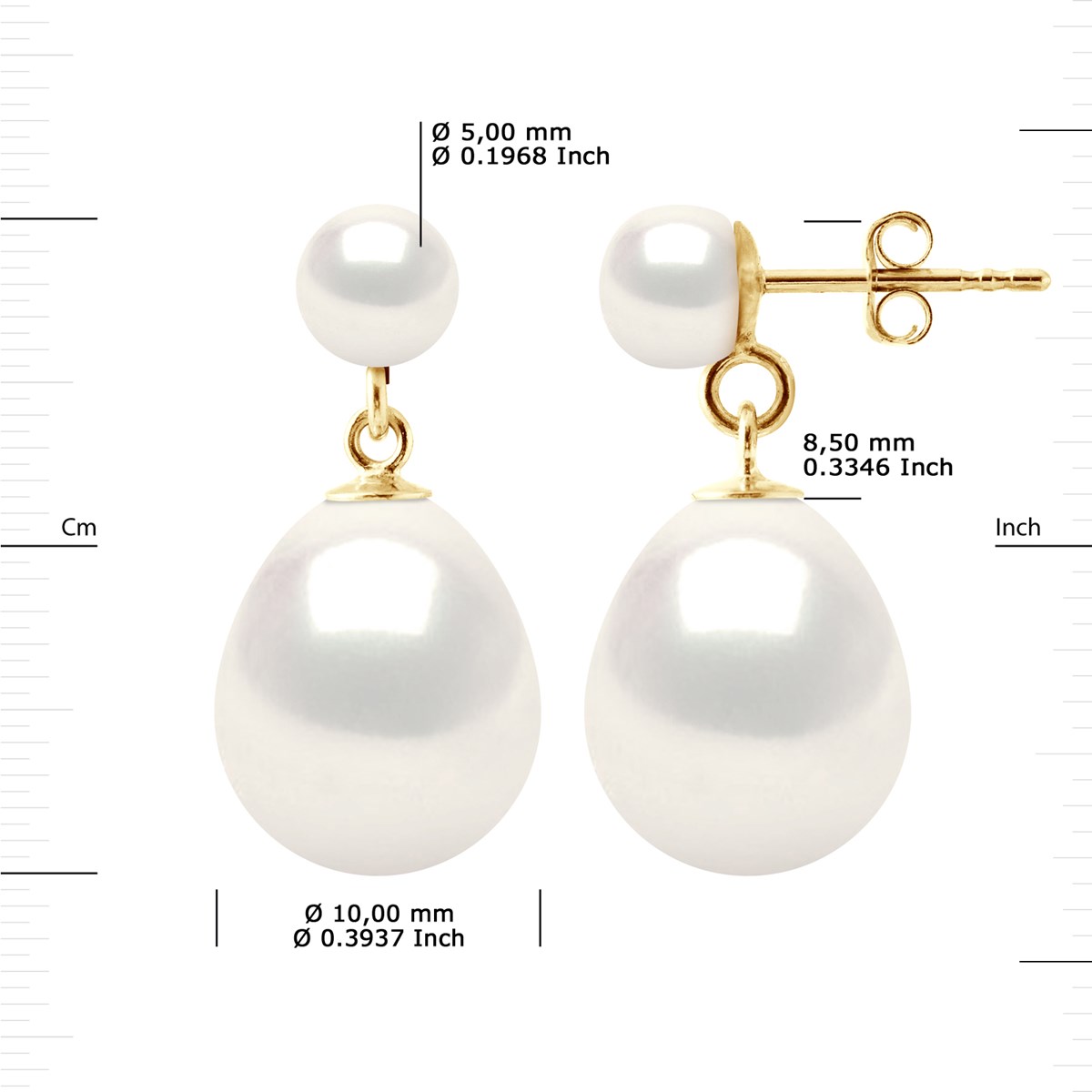 STELLA - Boucles d'Oreilles Perles d'Eau Douce 10-11 mm Blanches Or Jaune