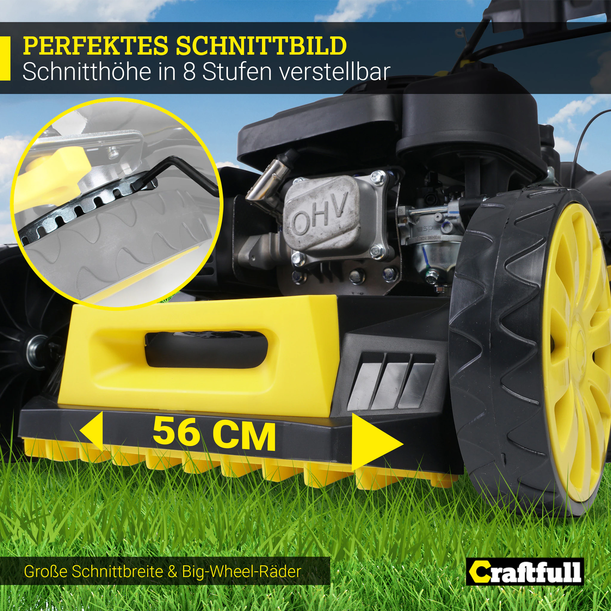 Craftfull Premium Benzin-Rasenmäher CR-224-20, 5in1, 224cc-Motor, 5,2 kW, GT-Markengetriebe, Euro 5