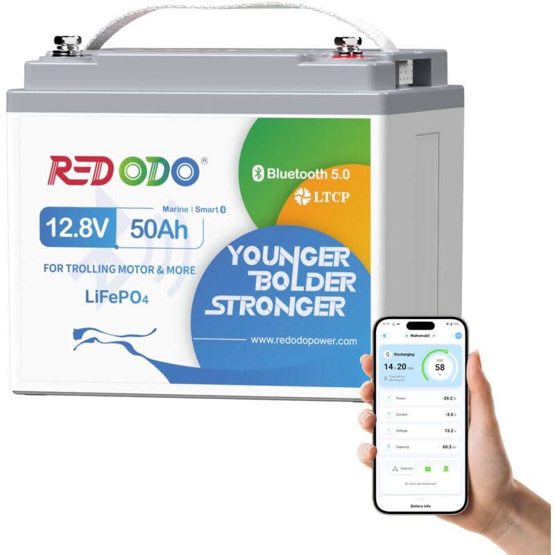 12V 50Ah Bluetooth Lithium LiFePO4 Batterie für Bootsmotoren Redodo