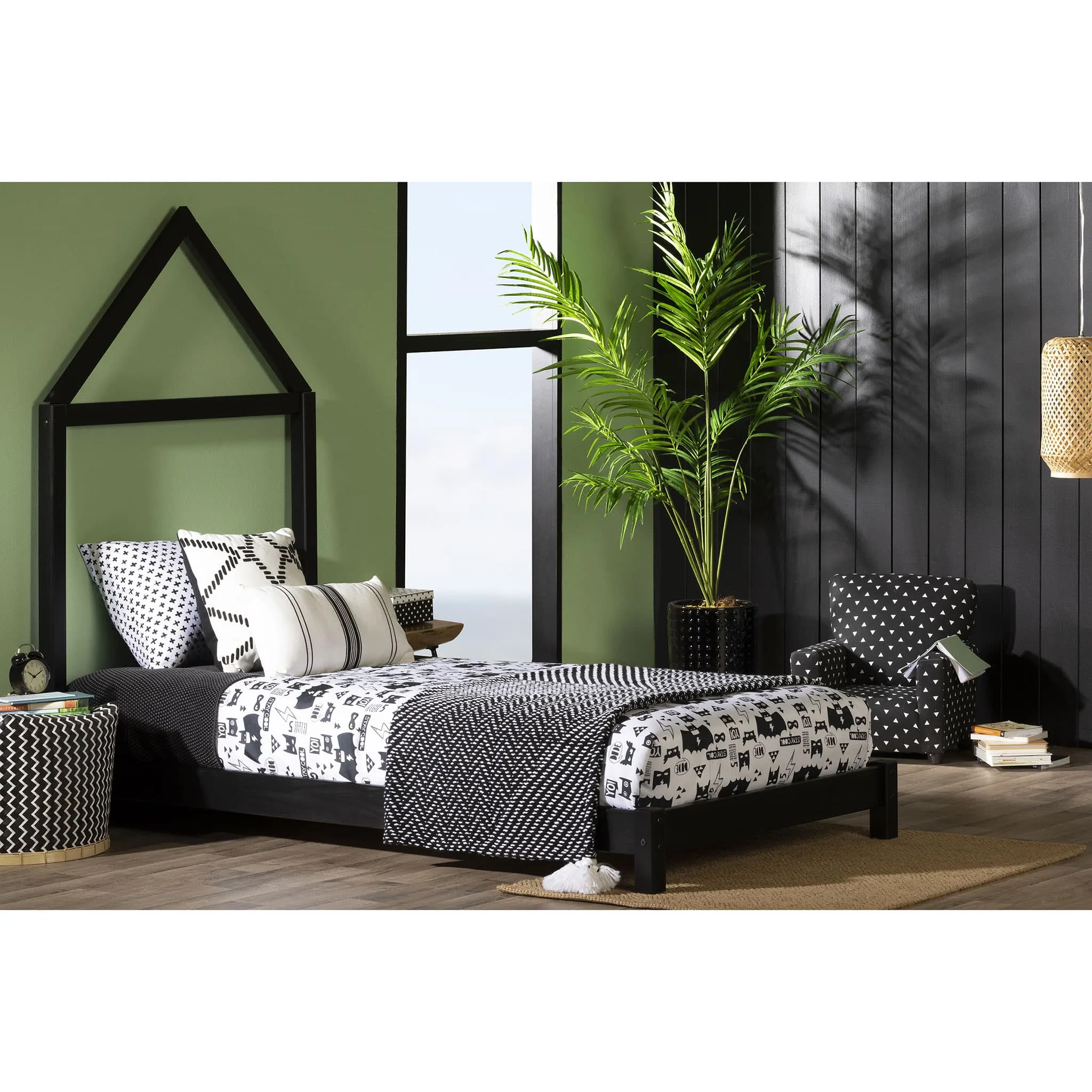 South Shore Lit avec Tête de Lit Maison Sweedi - Noir Mat