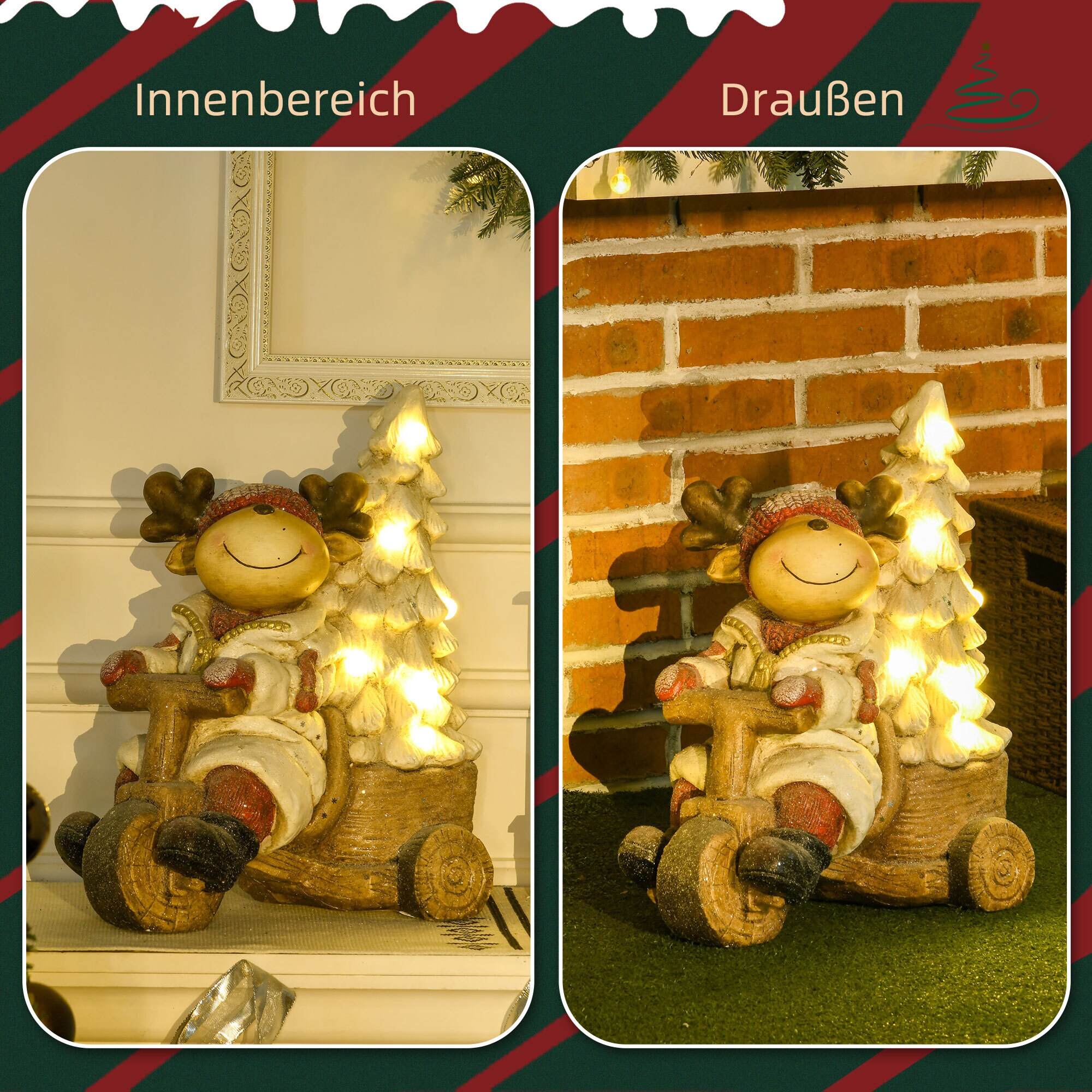 HOMCOM Weihnachtsfigur Rentier auf Dreirad mit LED-Licht bunt 36L x 21B x 44H cm