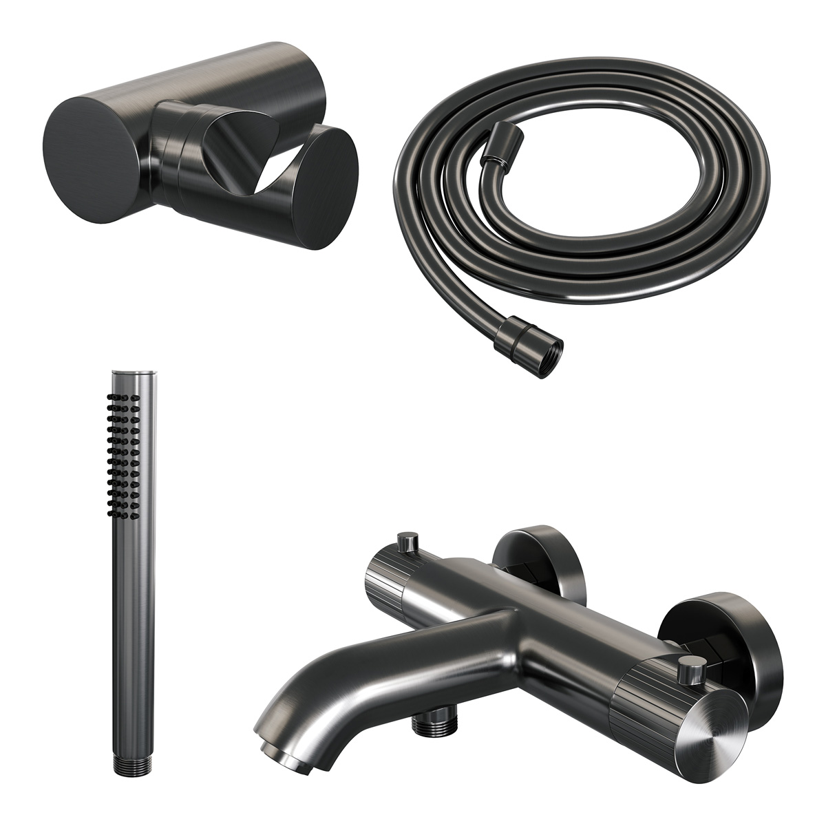 Brauer Stripe thermostatische badkraan met wandhouder en staafhanddouche gunmetal geborsteld PVD