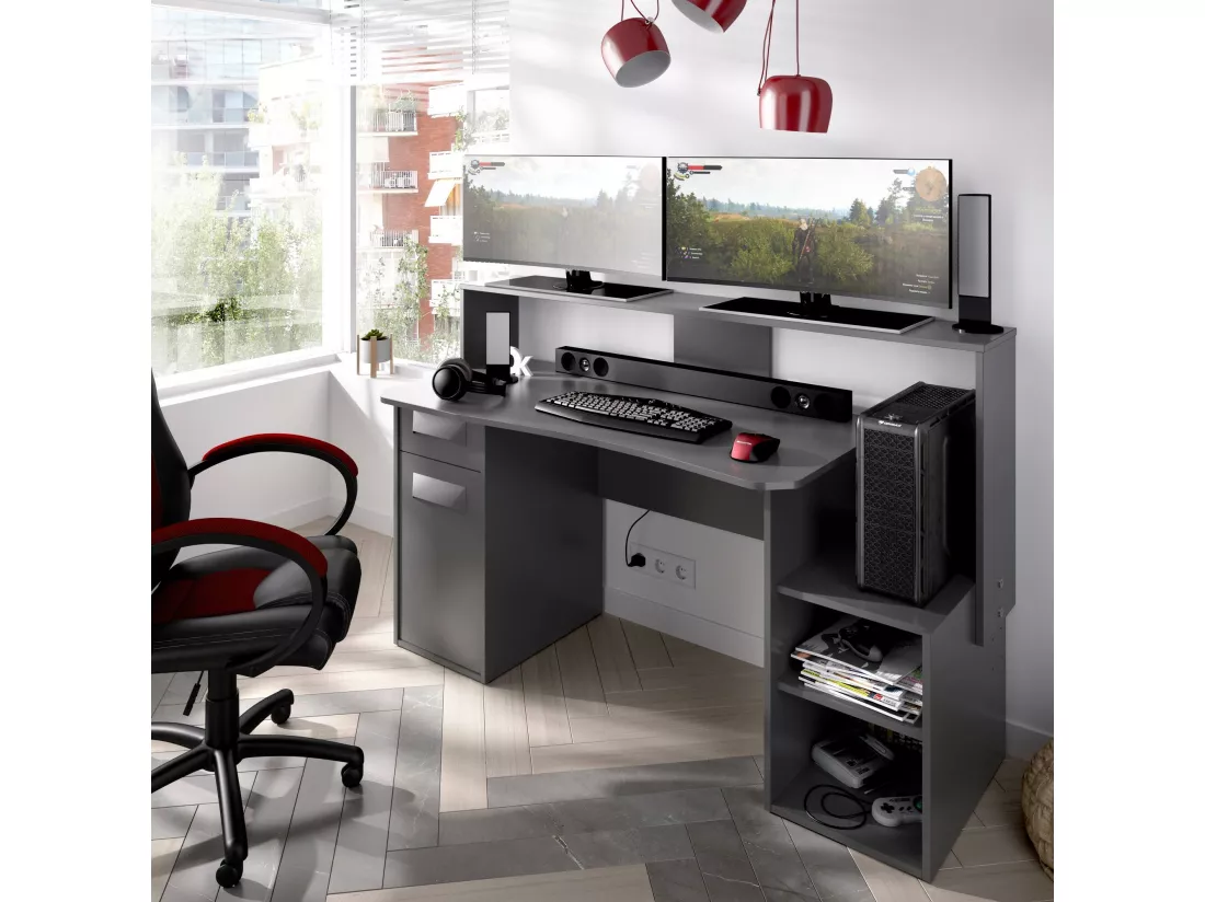 Bureau Manos, bureau de jeu multifonction moderne, table d'étude pour PC et support CD, 154x69h98 cm, Anthracite, sans lumières LED