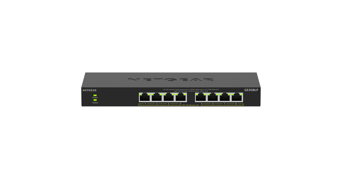 Netgear8-poorts Gigabit Ethernet unmanaged PoE+ Essentials switch (GS308LP)  (Zwart, 60 Watt PoE)