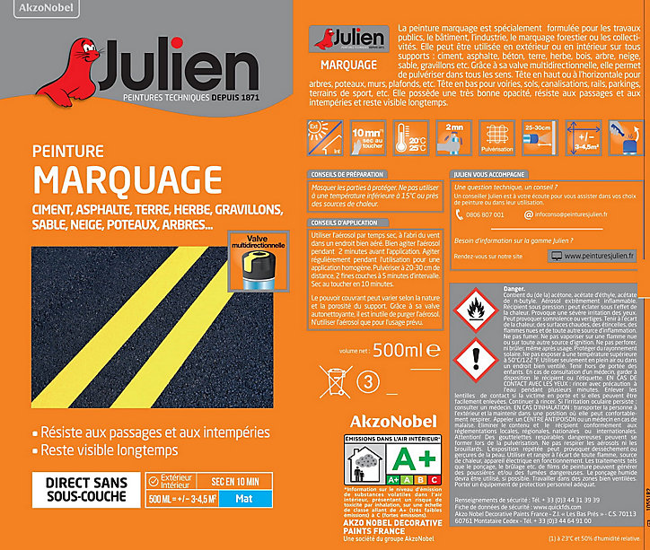 Peinture aérosol de marquage multi supports Julien fluo jaune 500ml