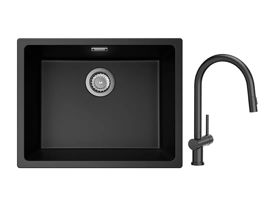 CECIPA MAX Evier 1 Bac en Quartz et Résine Noir Gris 55*44*20cm + Mitigeur de Cuisine avec Douchette Extractible avec 2 Types de Jet