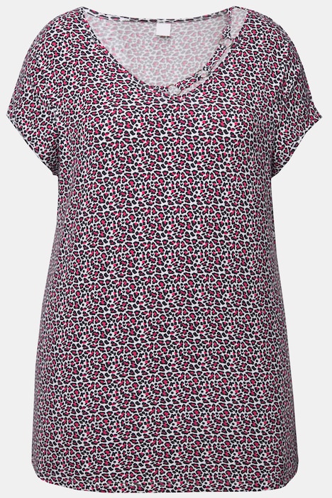 T-Shirt, oversized, Leo-Muster, V-Ausschnitt mit Zierringen, Halbarm