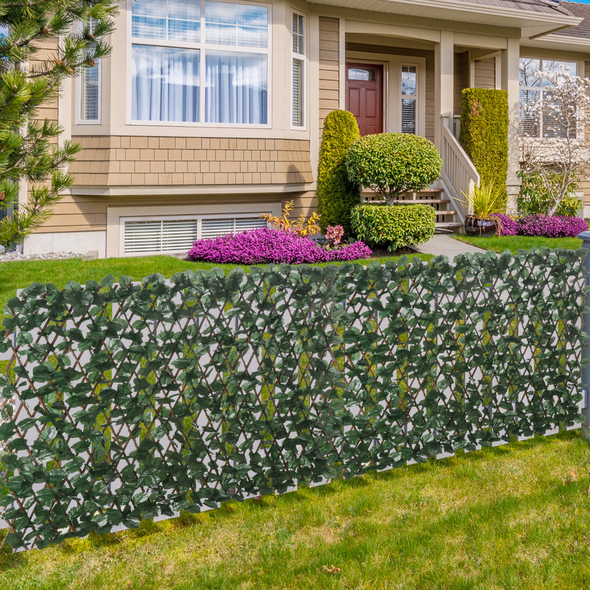 Treliça expansível Outsunny de 2 peças com folhas artificiais, 295x70 cm, treliça de vime extensível, tela de privacidade para jardim, verde