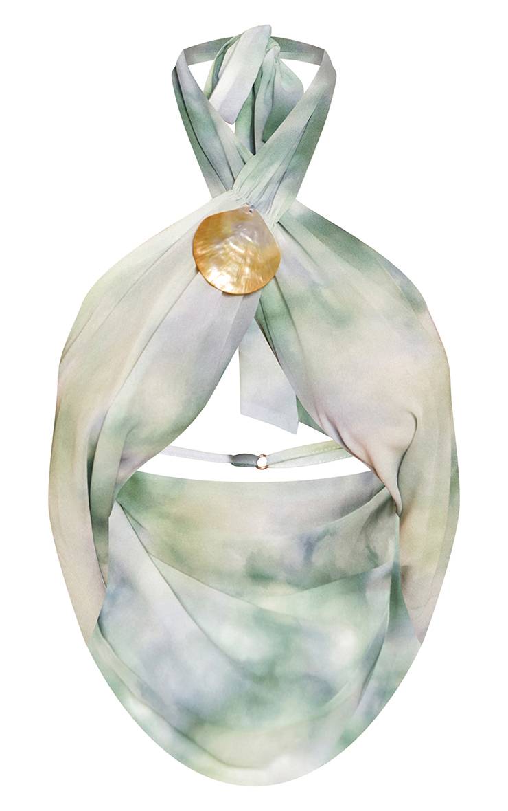 Bleu Top Petite Dos Nu Drapé Avec Coquillage Et Col Licou En Satin