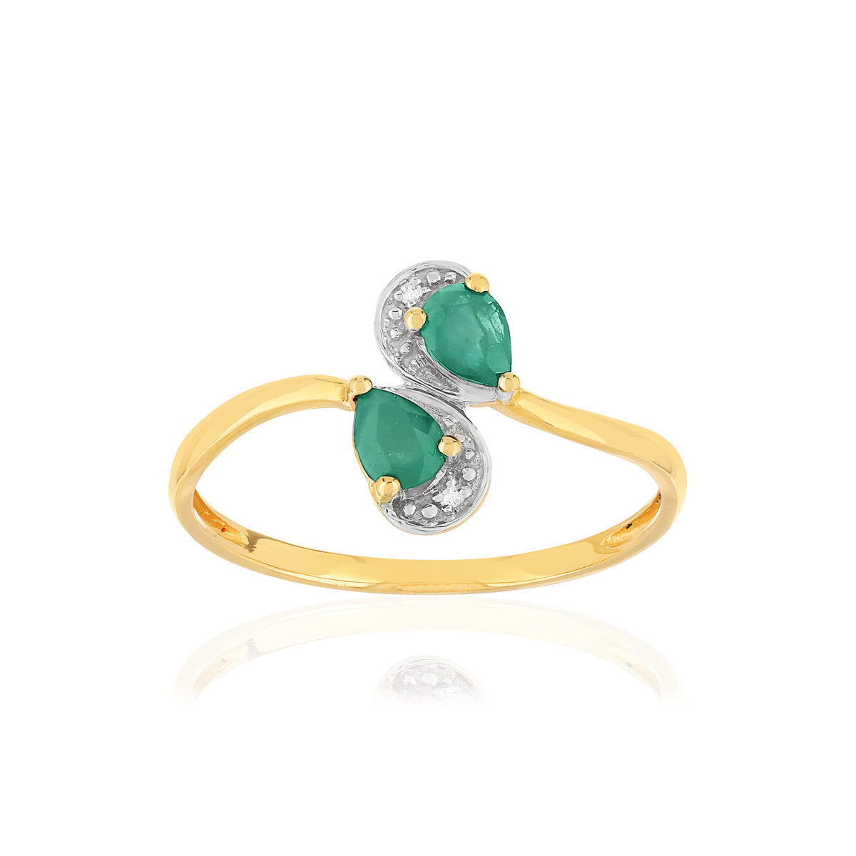 Bague or 375 2 tons, émeraudes, diamants.