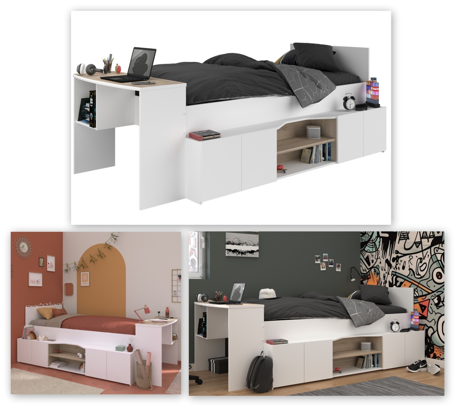 Halbhochbett CLEO 1 - Eiche Jackson-weiß - mit Schreibtisch - 90x200 cm