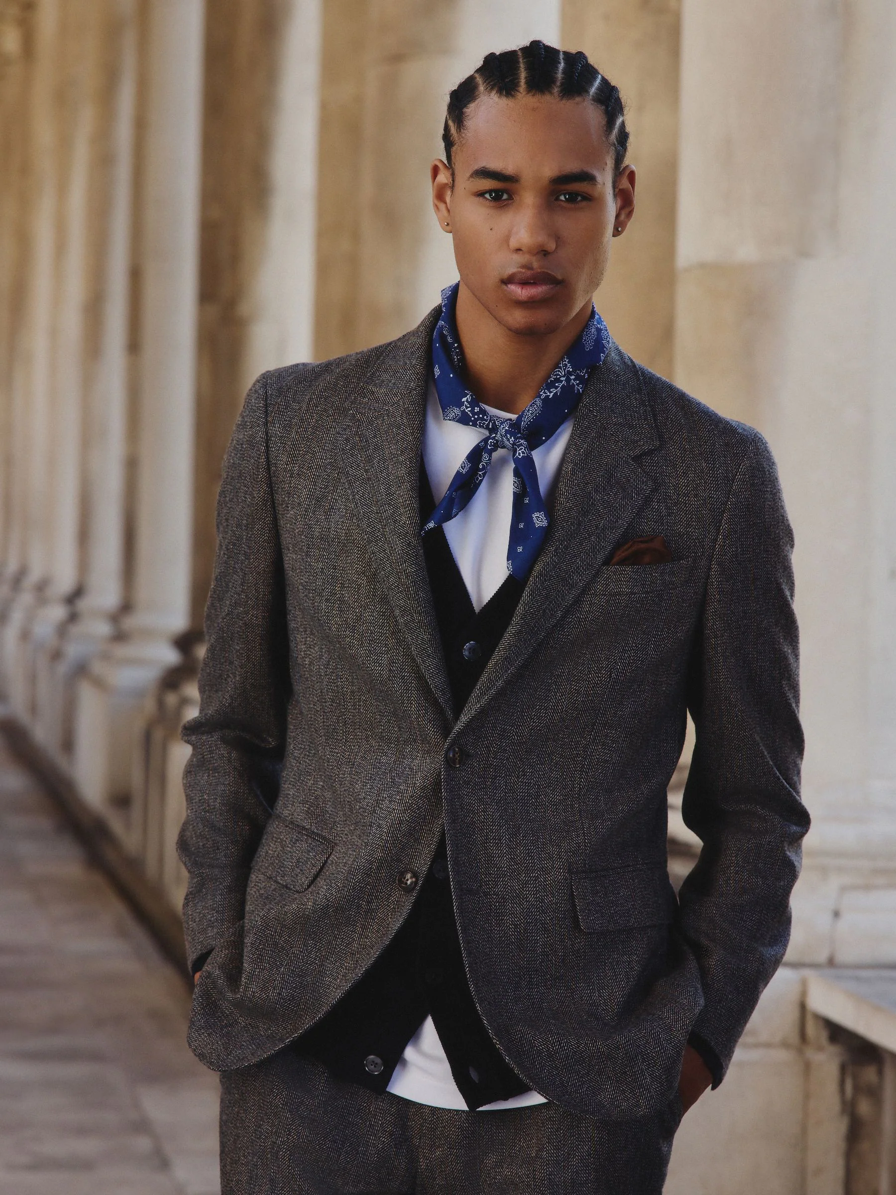 Grijs - Slim Fit Wool Blend Herringbone Stripe Suit Jacket