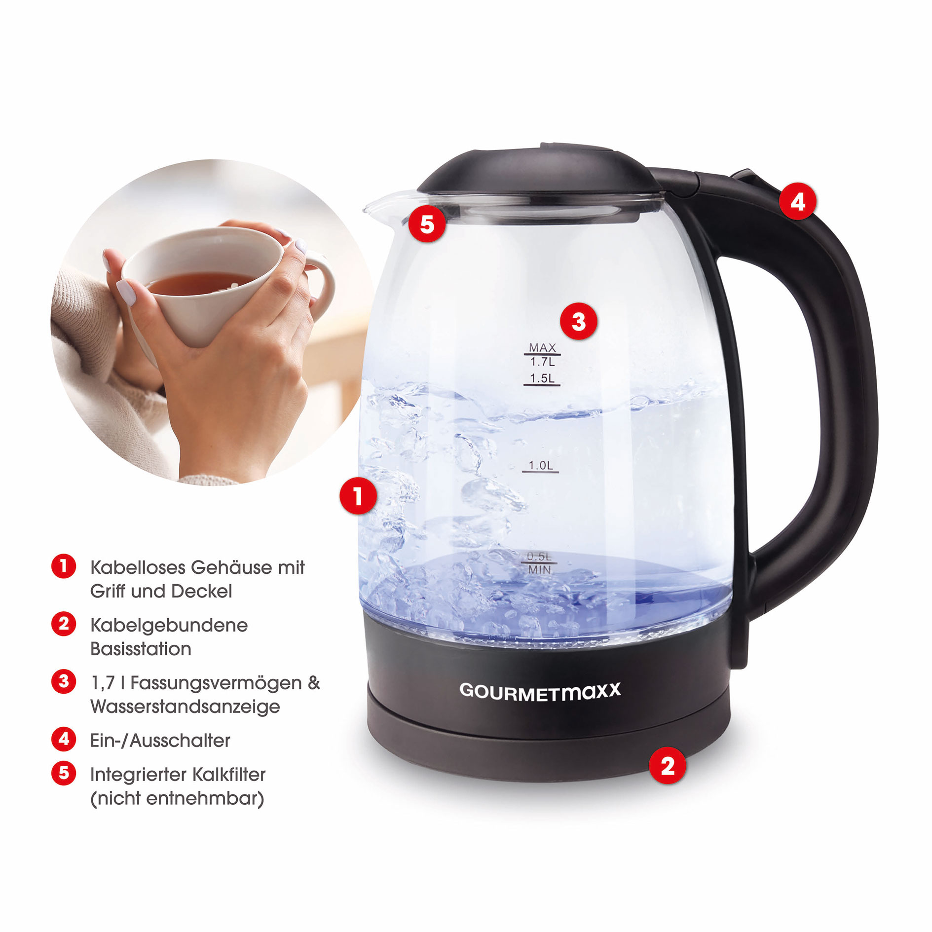 GOURMETMAXX Glas-Wasserkocher 13844 - schwarz