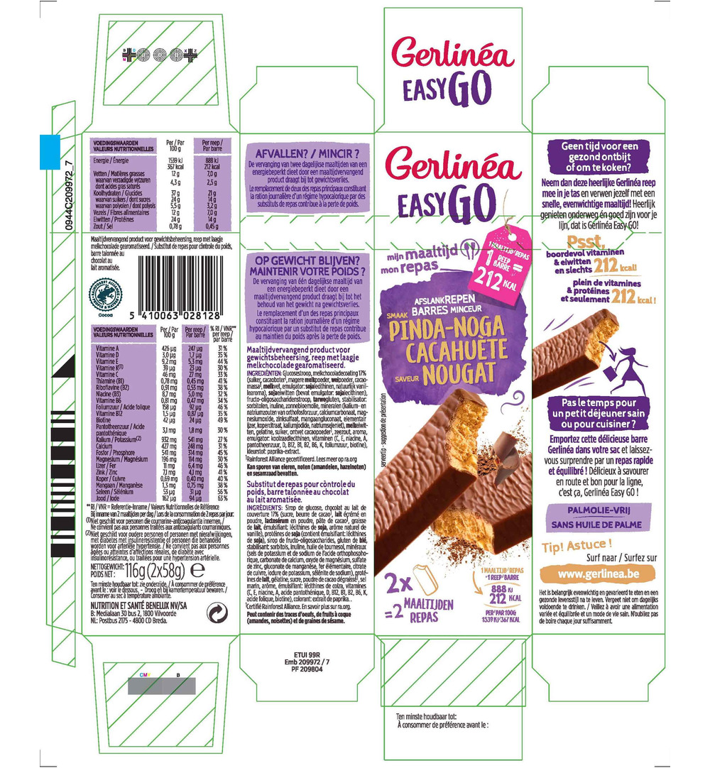 Gerlinéa Easy Go Afslank Maaltijdrepen Pinda Nougat (2 x 58 gr)