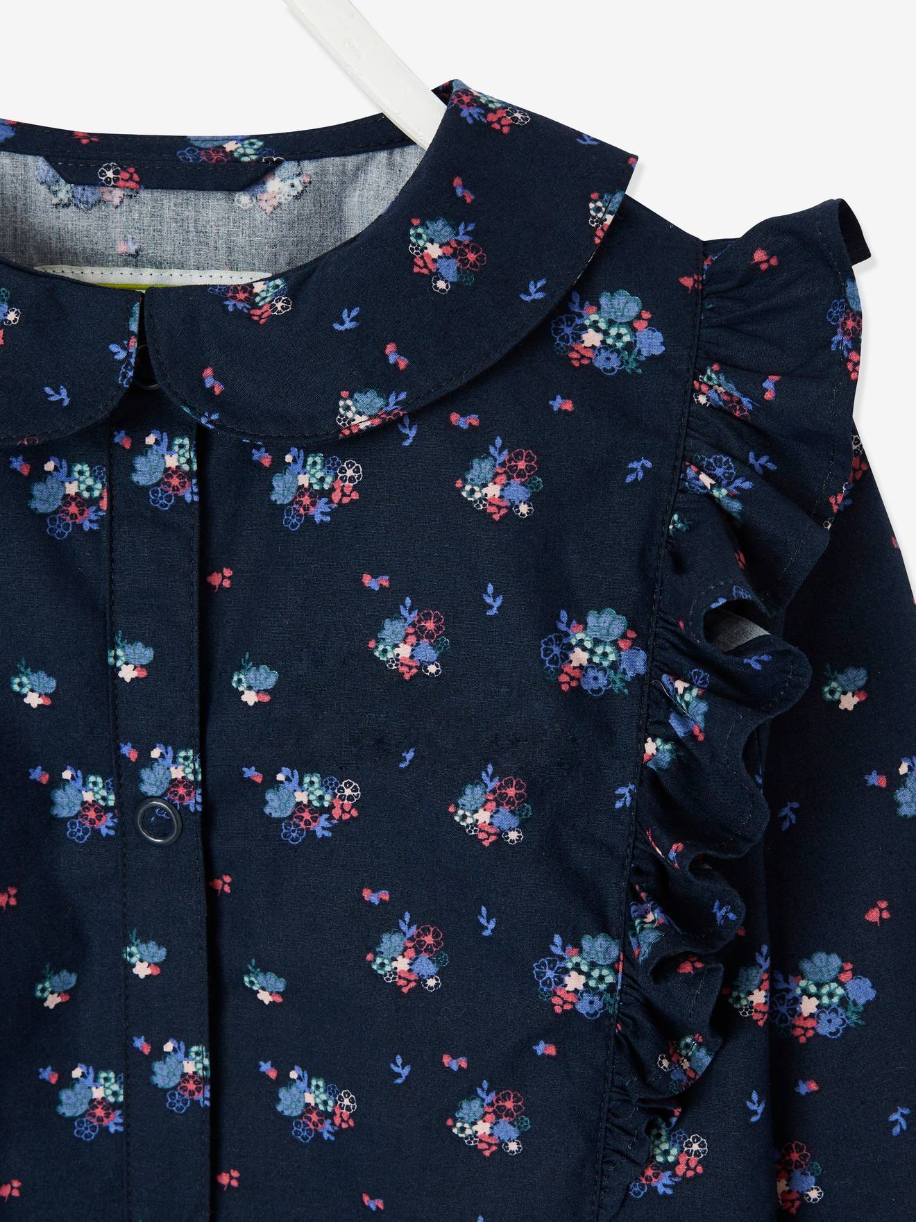 Vestido infantil com babados e estampa floral personalizável para meninas, estampa azul vibrante.