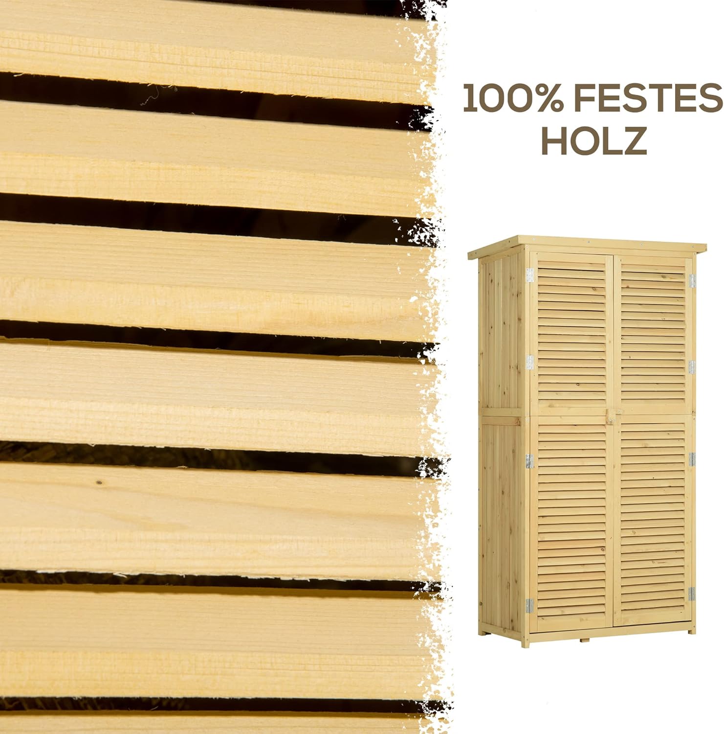 Outsunny Gartenschrank Holz Geräteschuppen Gerätehaus mit Asphaltdach Lamellentür Geräteschrank Schuppen Garten 4 Fächer Naturholz 87 x 46,5 x 160 cm