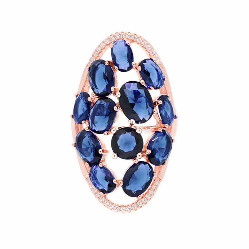 Bague Argent Rose Asymétrique Pierres Bleu Marine