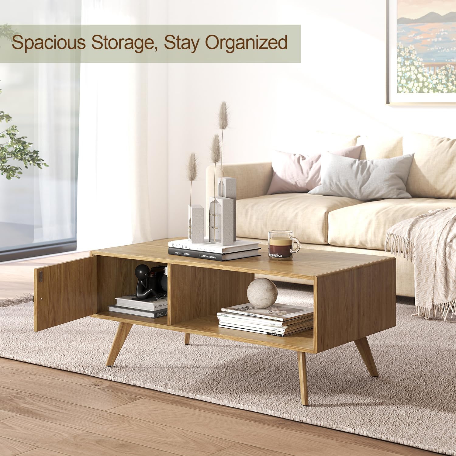 Manora Couchtisch Holz Eiche - Moderner Wohnzimmertisch Holz mit Stauraum, 105x55x45cm, Stabiler E1-Platte & Massiv Holzfüßen, Landhausstil Couchtisch für Wohnzimmer