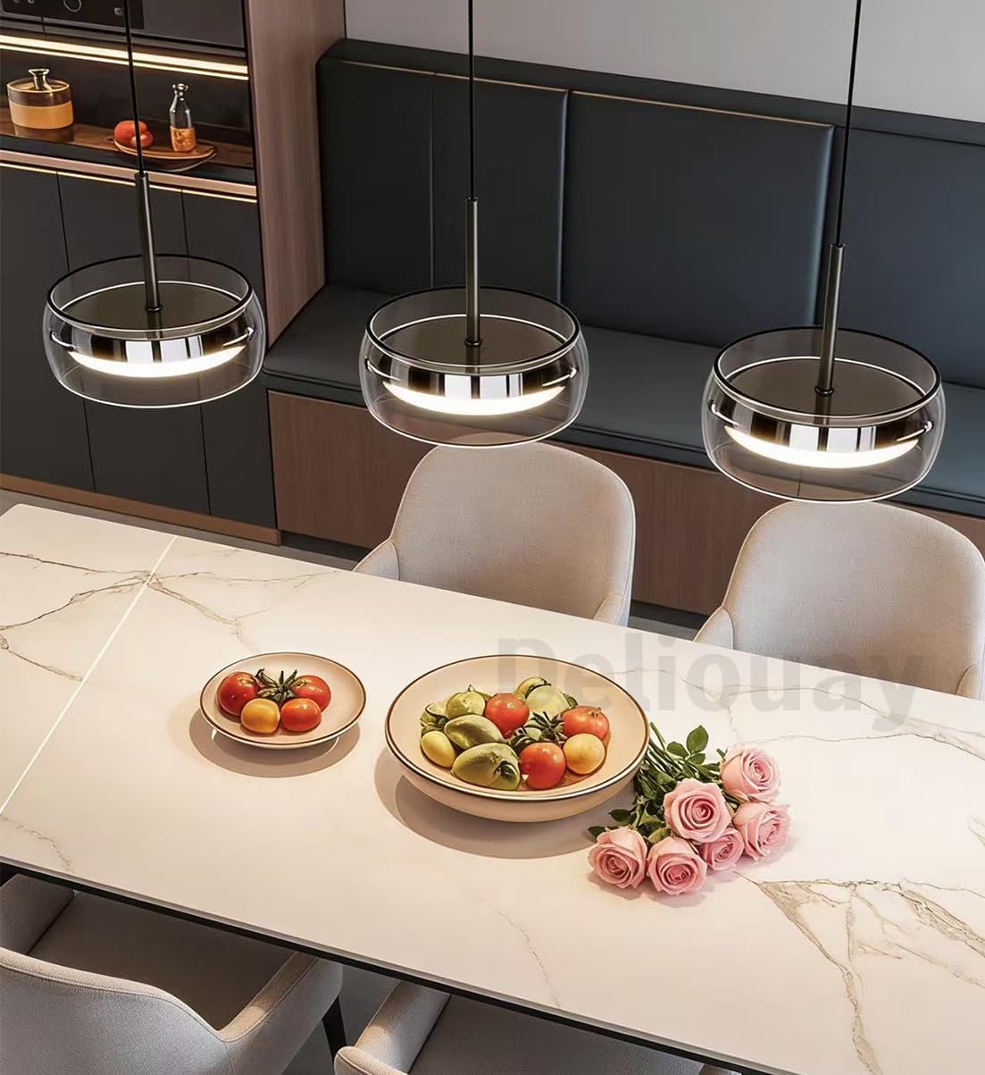 Moderne LED Pendelleuchte Wohnzimmerlampe mit Kristall Glas Anhänger Lampe Dimmbar Esstischlampe Hängelampe mit Fernbedienung Pendellampe Höhenverstellbar für Kücheninsel Esszimmer (A3Köpfe)