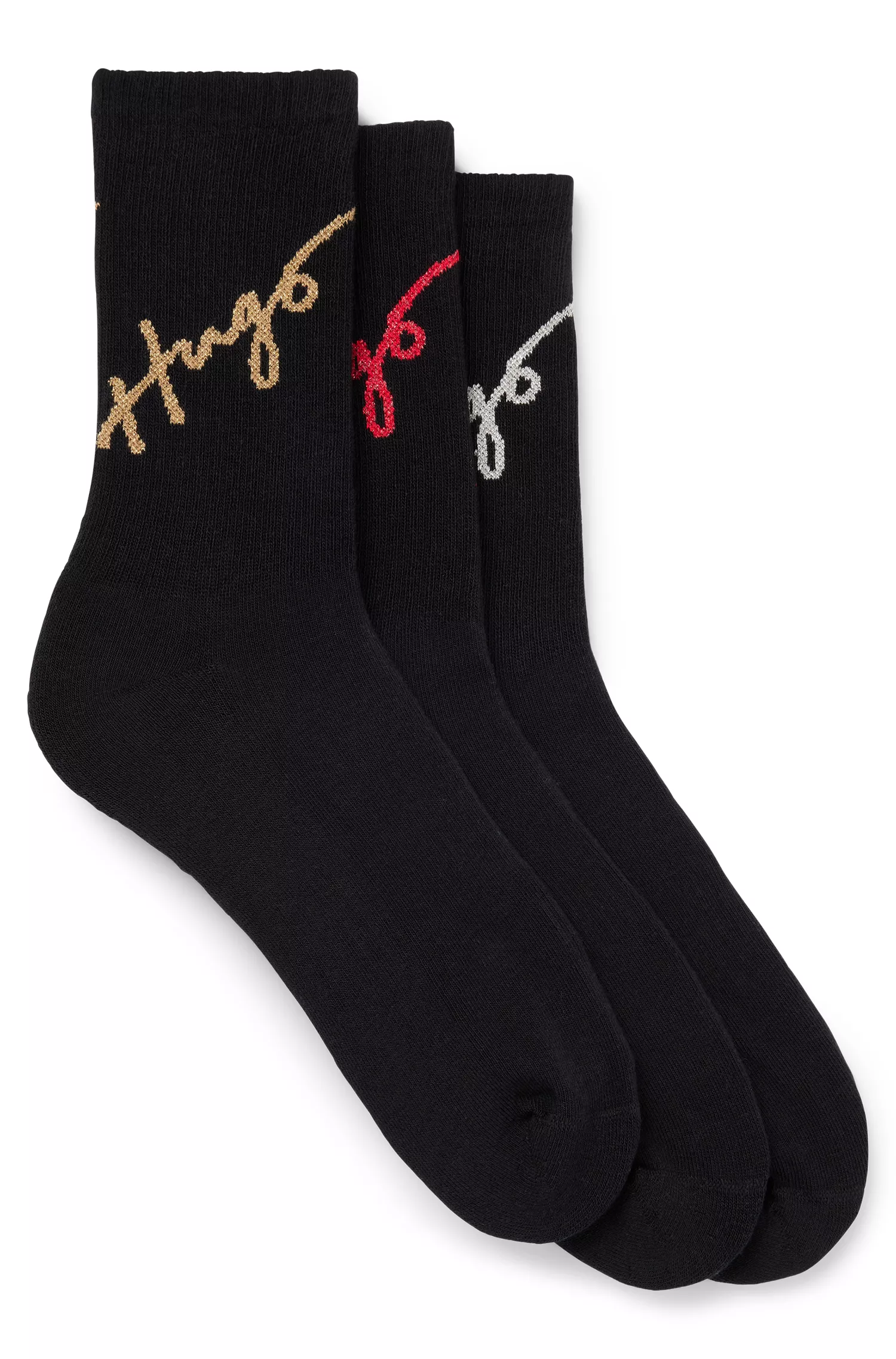 HUGO Vermelho - Pacote com três pares de meias cano curto com logotipos escritos à mão.