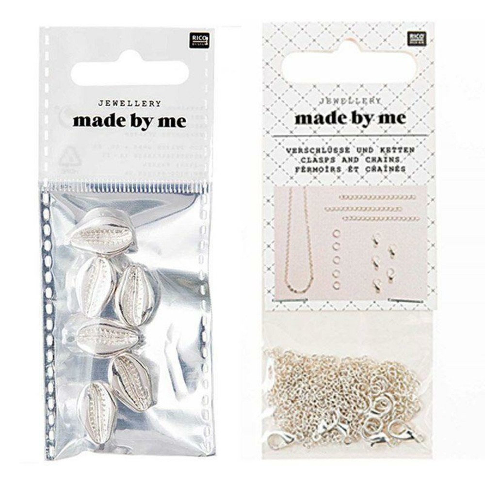 6 perles coquillages + fermoirs épais et chaînes argentés