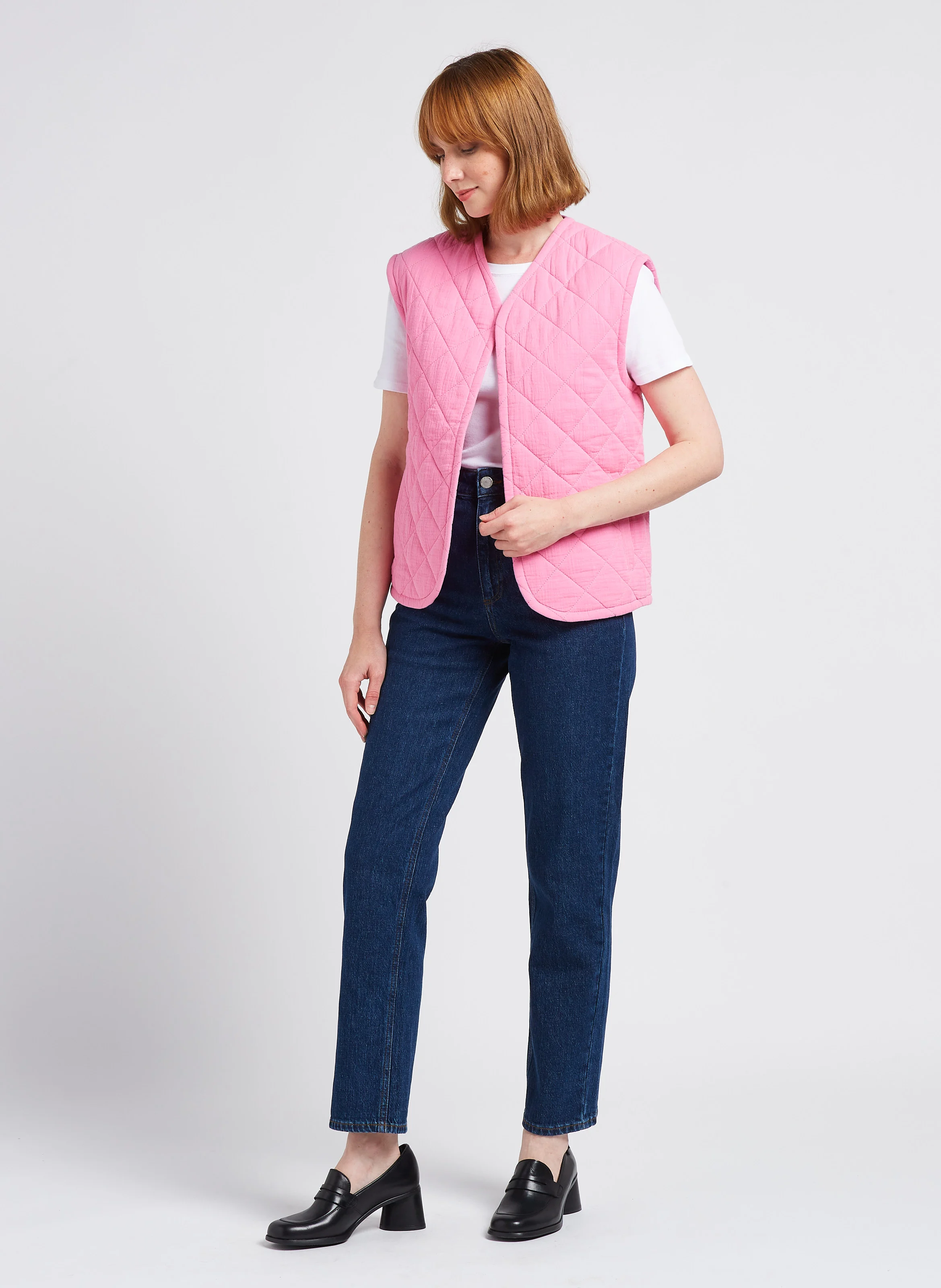 Jean droit à taille haute en coton délavé| Bleu