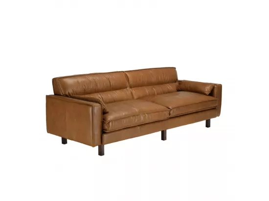 GASTON - Canapé 3 places vintage en cuir marron camel, pieds en bois