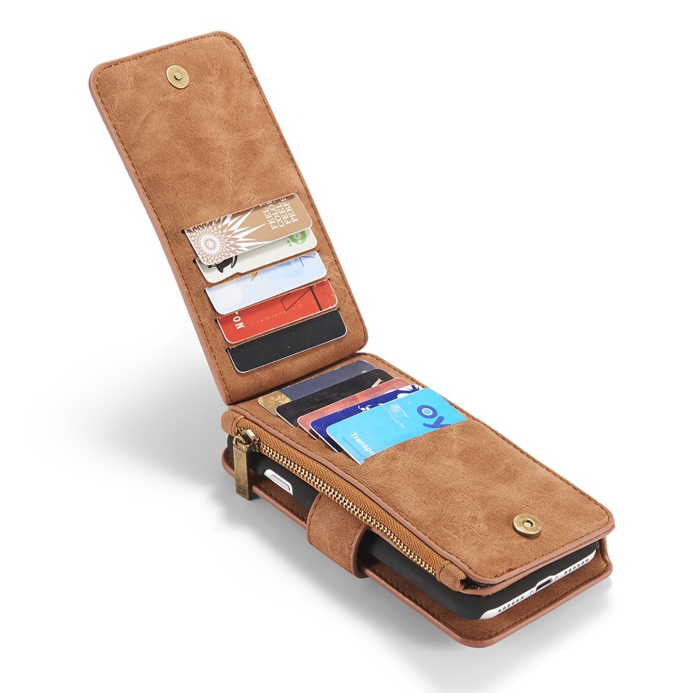 iPhone SE (2022/2020) / 8 / 7 3in1 Leder Tasche   Magnet Hardcase und Karten Etui (Vertikal Ausklappbar) - Hellbraun