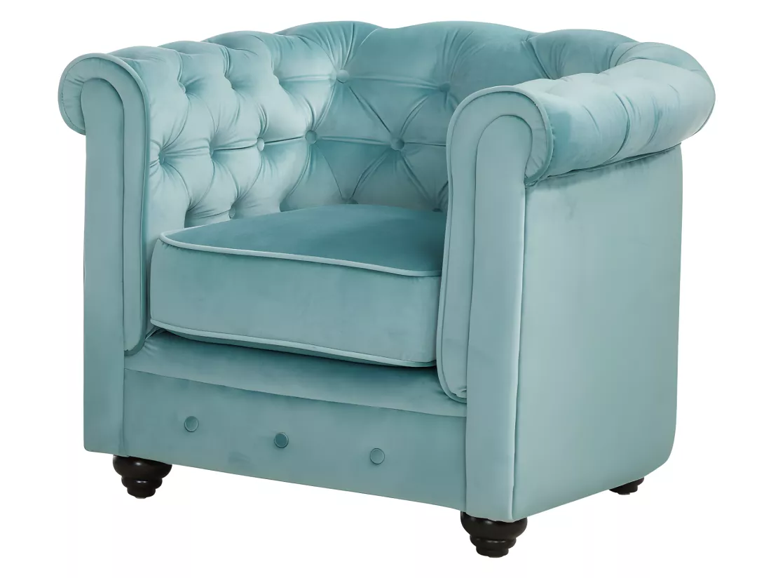 Canapés 3 places et 2 places et fauteuil en velours bleu pastel CHESTERFIELD