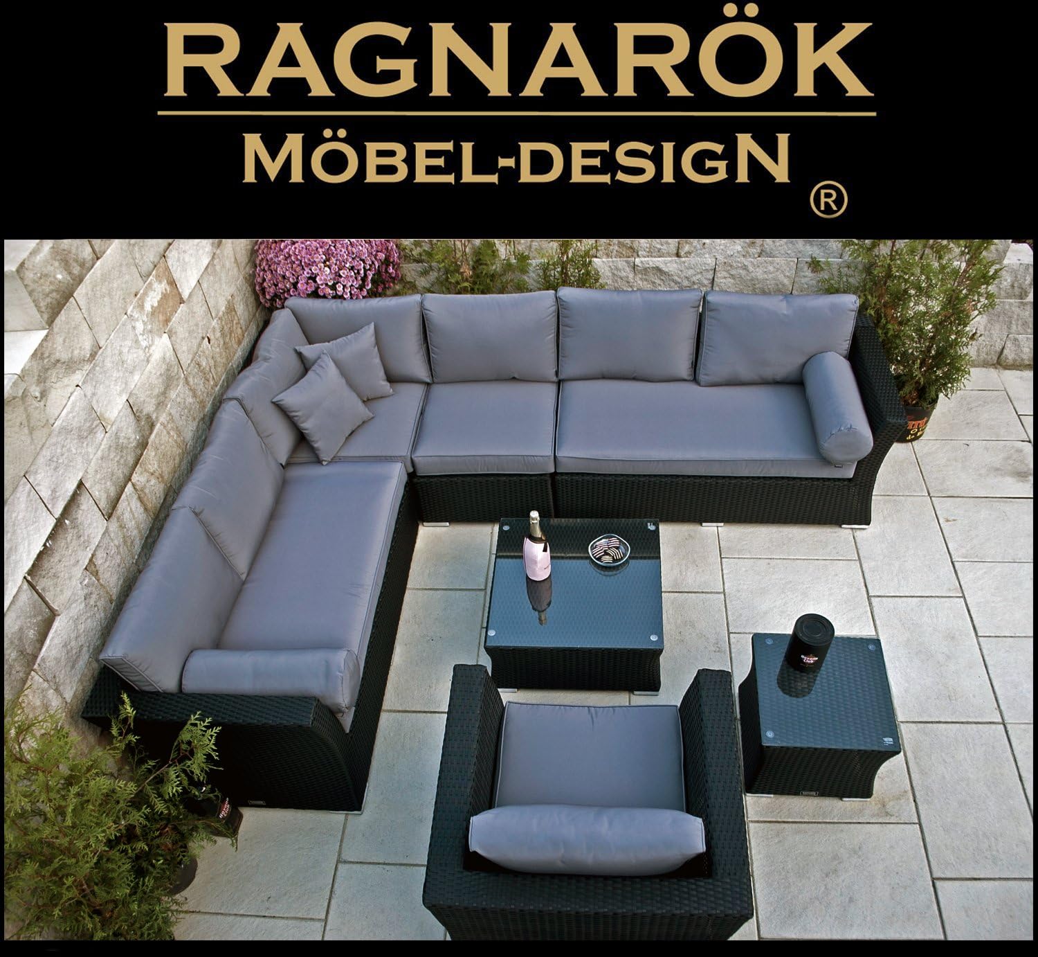 Ragnarök-Möbeldesign PolyRattan Lounge DEUTSCHE Marke - EIGENE Produktion - 8 Jahre GARANTIE auf UV Besträndigkeit SCHWARZ Gartenmöbel Aluminium