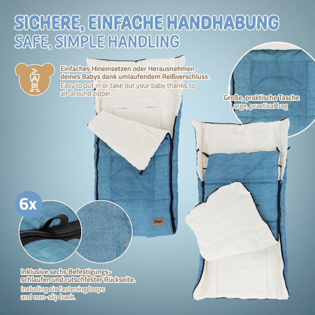 Joyz baby footmuff, denim blue, fleece sædepolstring