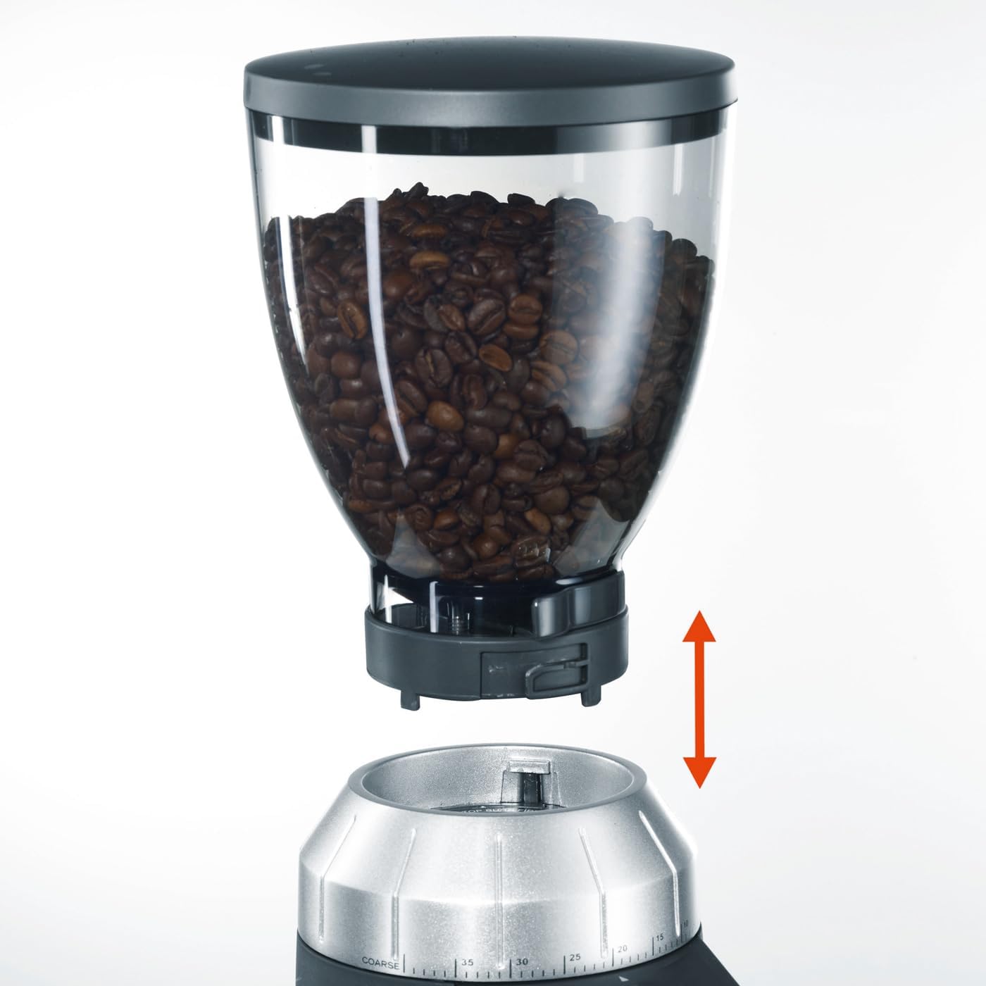 GRAEF CM800 - Elektrische Kaffeemühle, Aluminiumgehäuse, Bohnenbehälter 350 g, Edelstahl-Kegelmahlwerk, 40 Mahlgrade, Kaffeemühle Siebträger, Antistatik-Einsatz, Aluminium-Schaufelrad, 128 W, Silber