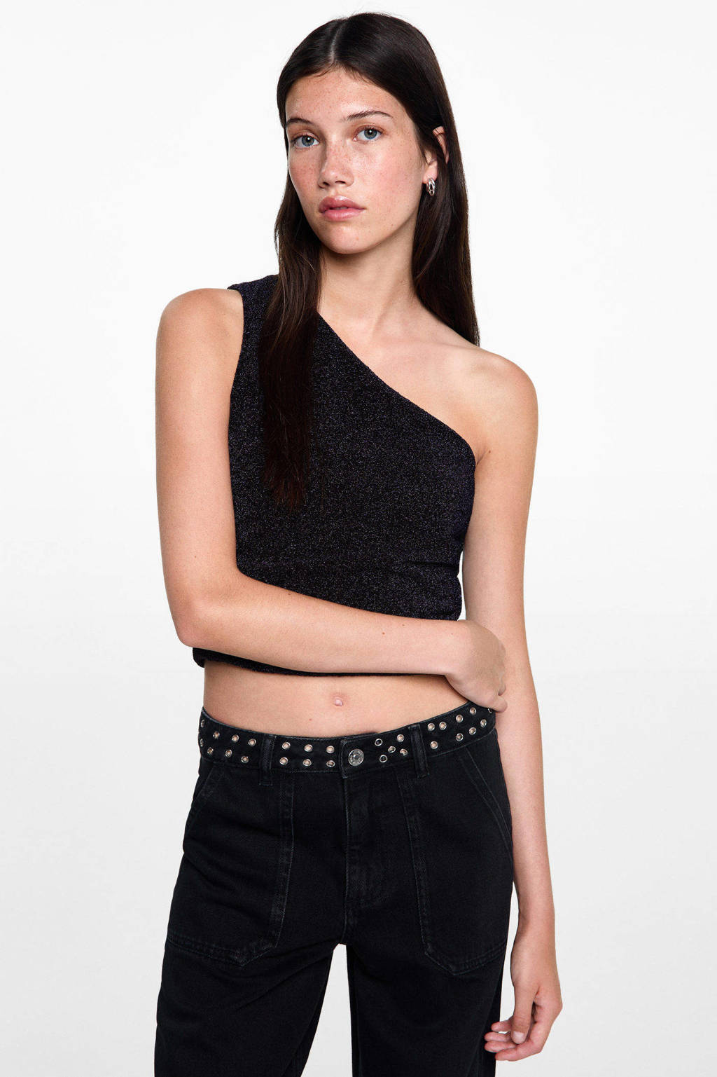 MANGO TEEN one shoulder top donkerblauw glitter