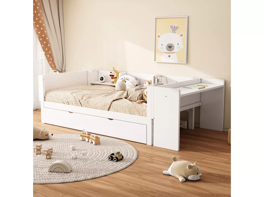 Lit gigogne 90 x 200 cm + 90 x 180 cm avec bureau et 3 étagères - bois massif de pin - sommier à lattes - blanc