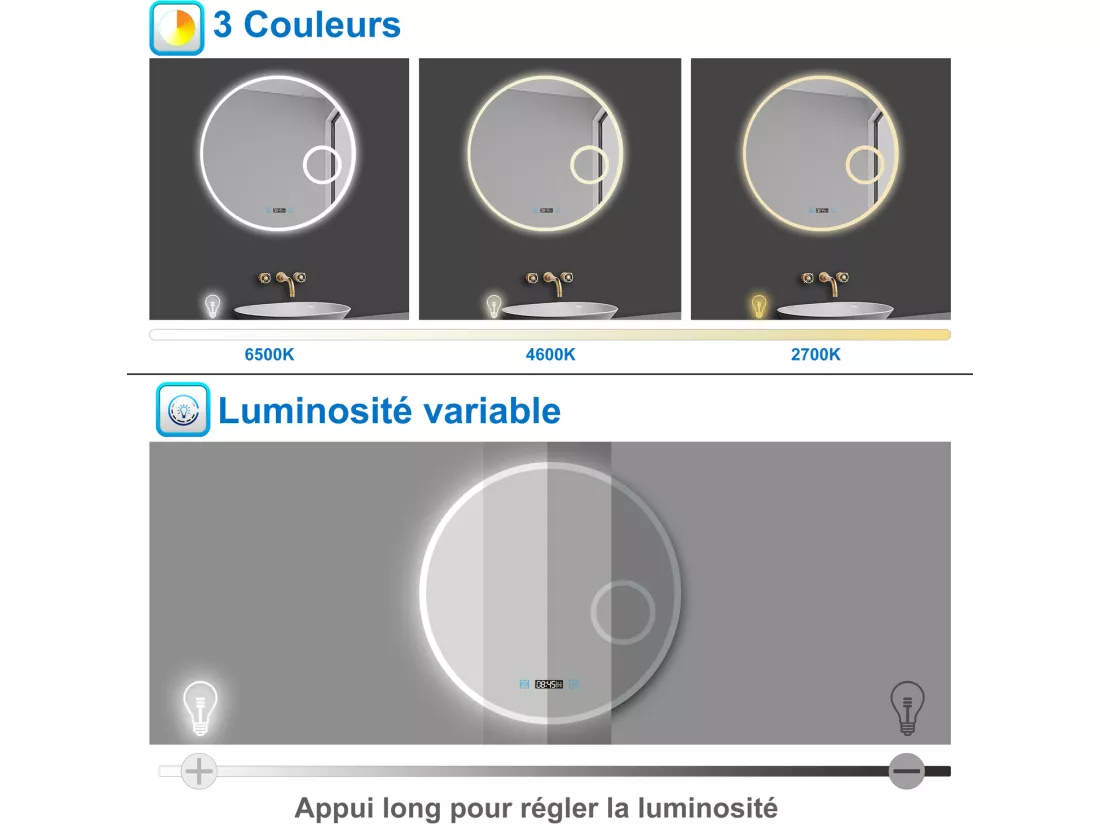 Miroir lumineux Rond 70cm avec Horloge + 3 Couleurs + Dimmable + Anti-buée + grossissant 3x