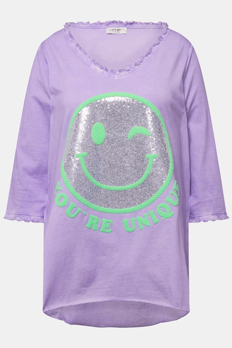Longshirt, Smiley, Rundhals, Langarm, gerundeter Saum