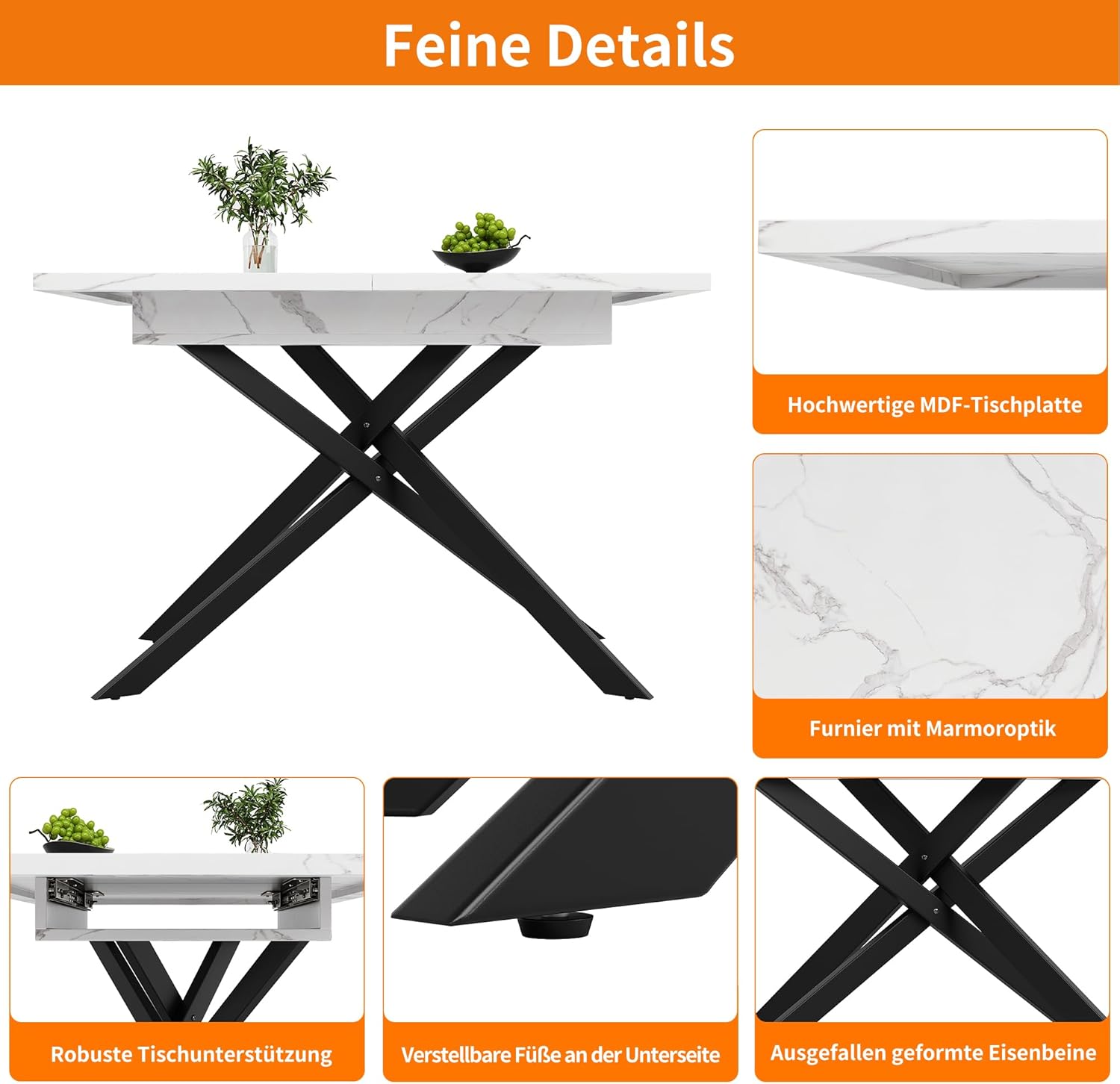 Esstisch Ausziehbar, küchentisch Esszimmertisch, 120-160×80x76.5 cm Rechteckiger Küchentisch, Schwarz Gekreuzte Eisenbeine, Dining Table, Ausziehbar Esstisch für Wohnzimmer, Esszimmer (Weiß)