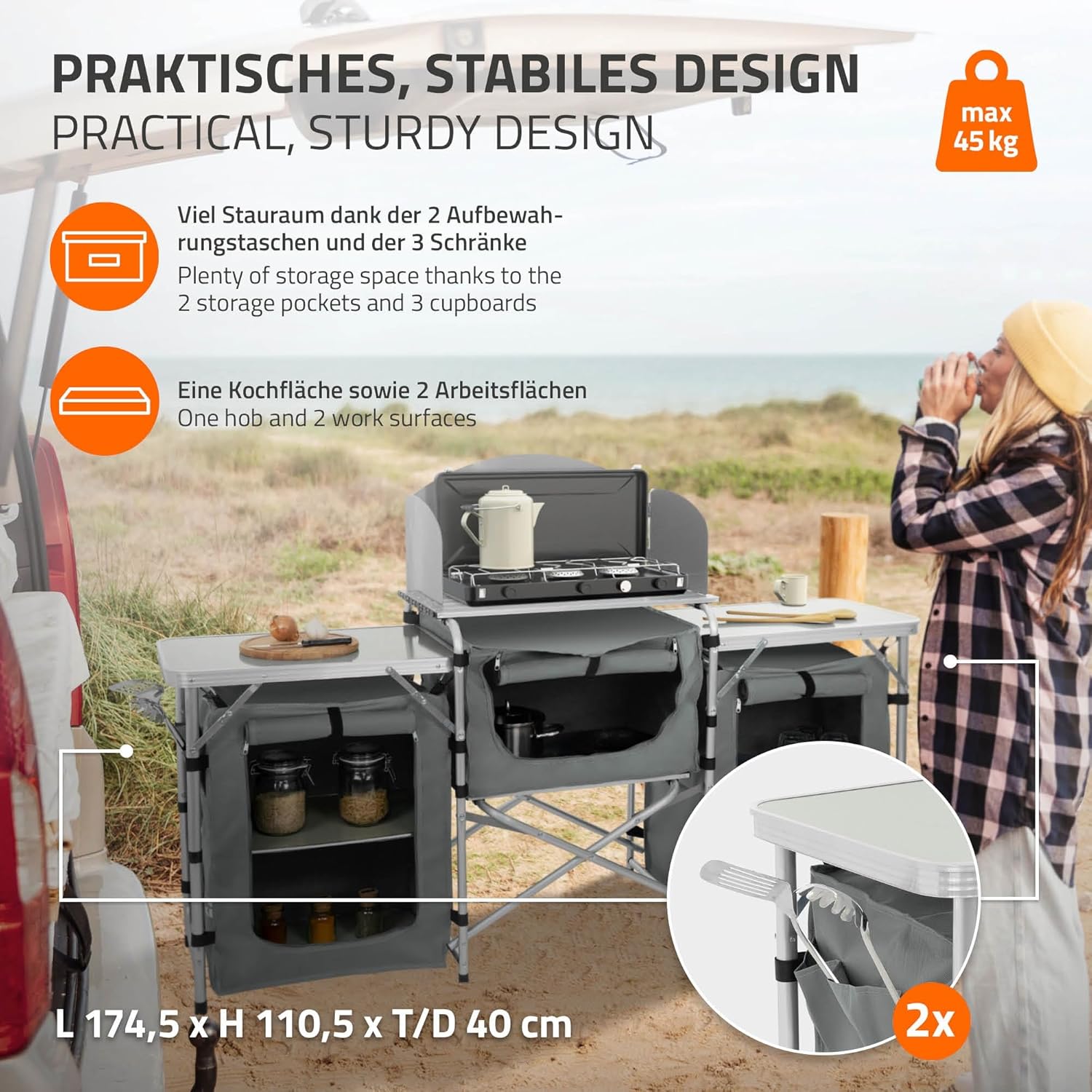 Hauki Camping Küche Campingschrank faltbar mit Tragetasche, Reiseküche mit Windschutz, Küchenschrank mit Arbeitsplatte, Staufächern, Alu Outdoorküche Faltschrank Küchenbox klappbar Zeltschrank tragbar