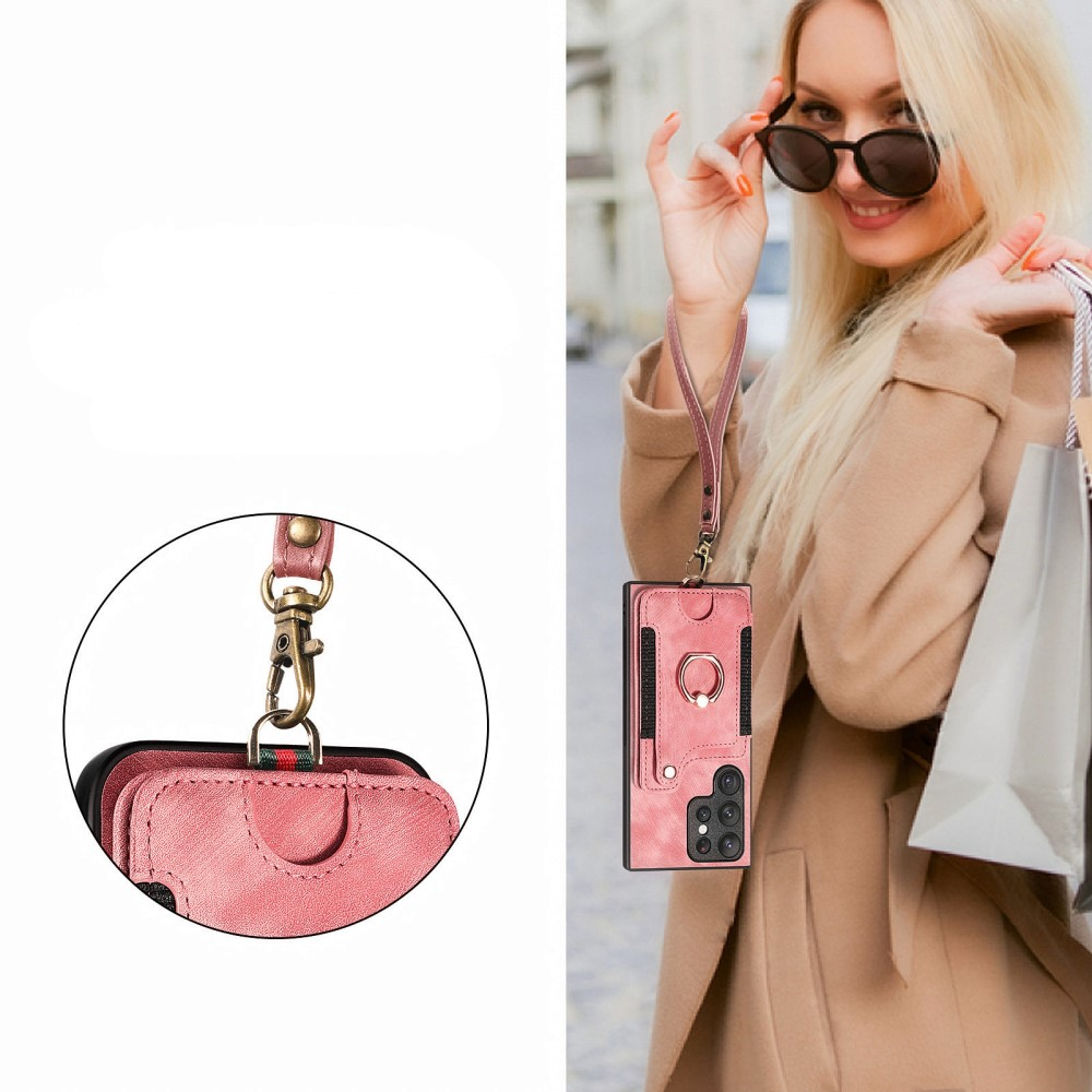 Samsung Galaxy S23 Ultra 5G Necklace Leder Hülle mit Kartenfächer   Finger Griff Halterung   Handykette (RFID Schutz) - Rosa