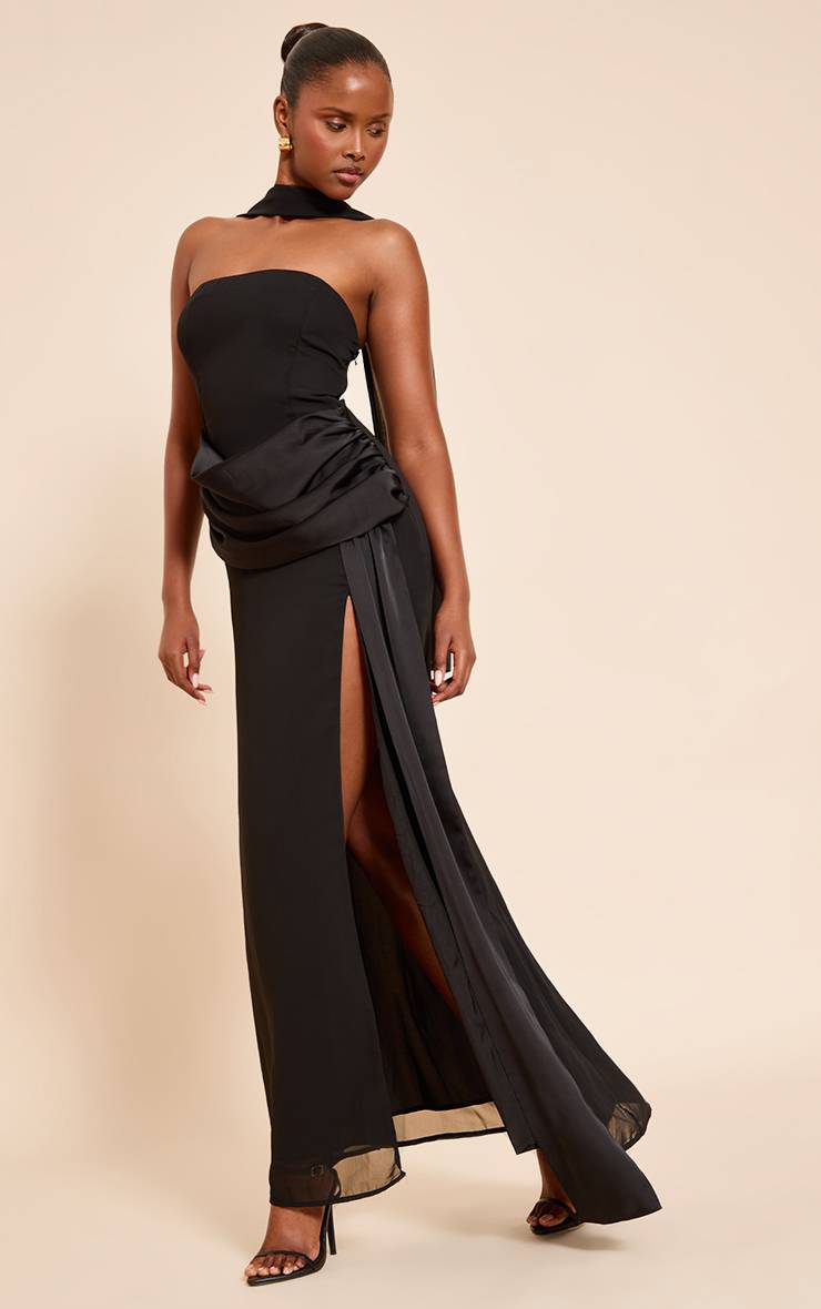Noir Robe Longue Bandeau À Détail Drapé