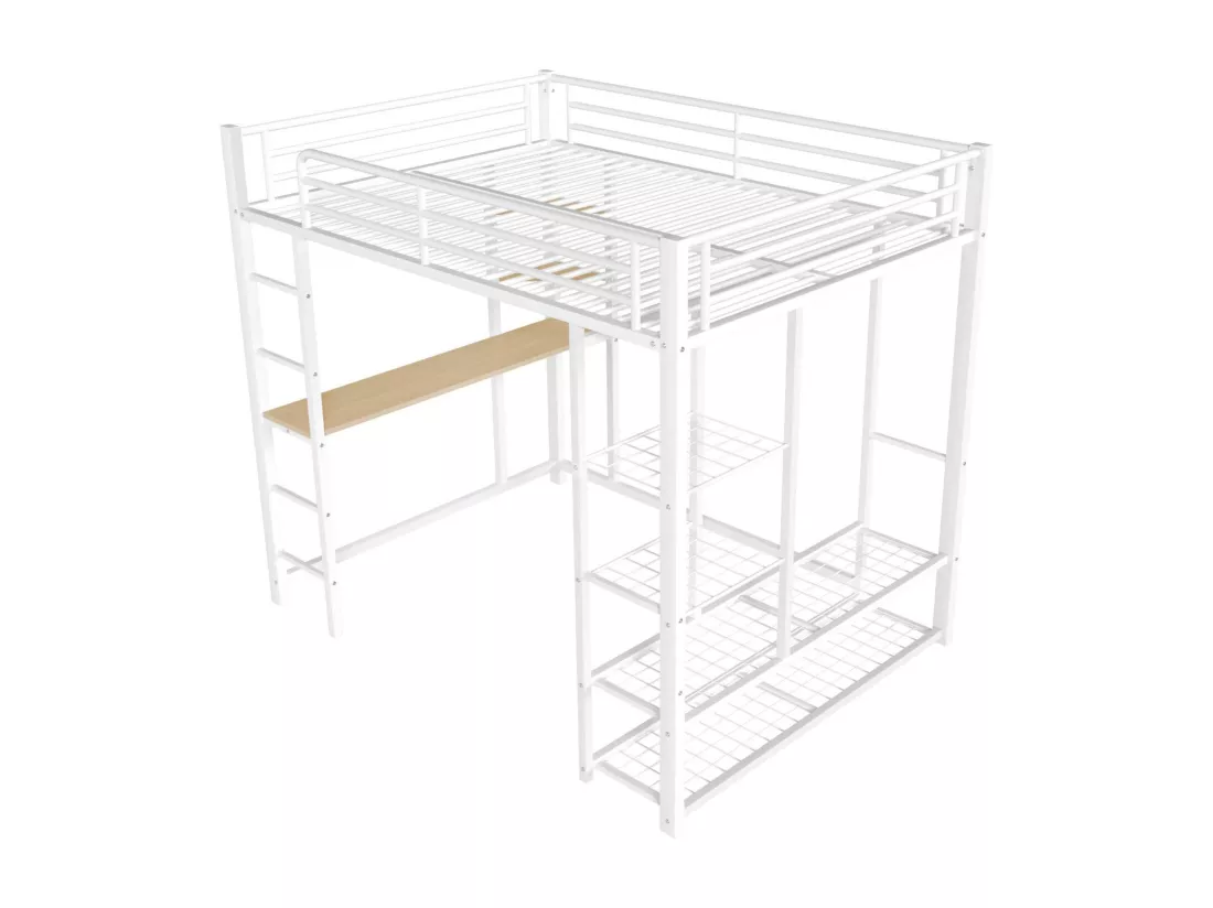 Lit mezzanine 90x200cm en métal - avec table et étagères - Blanc