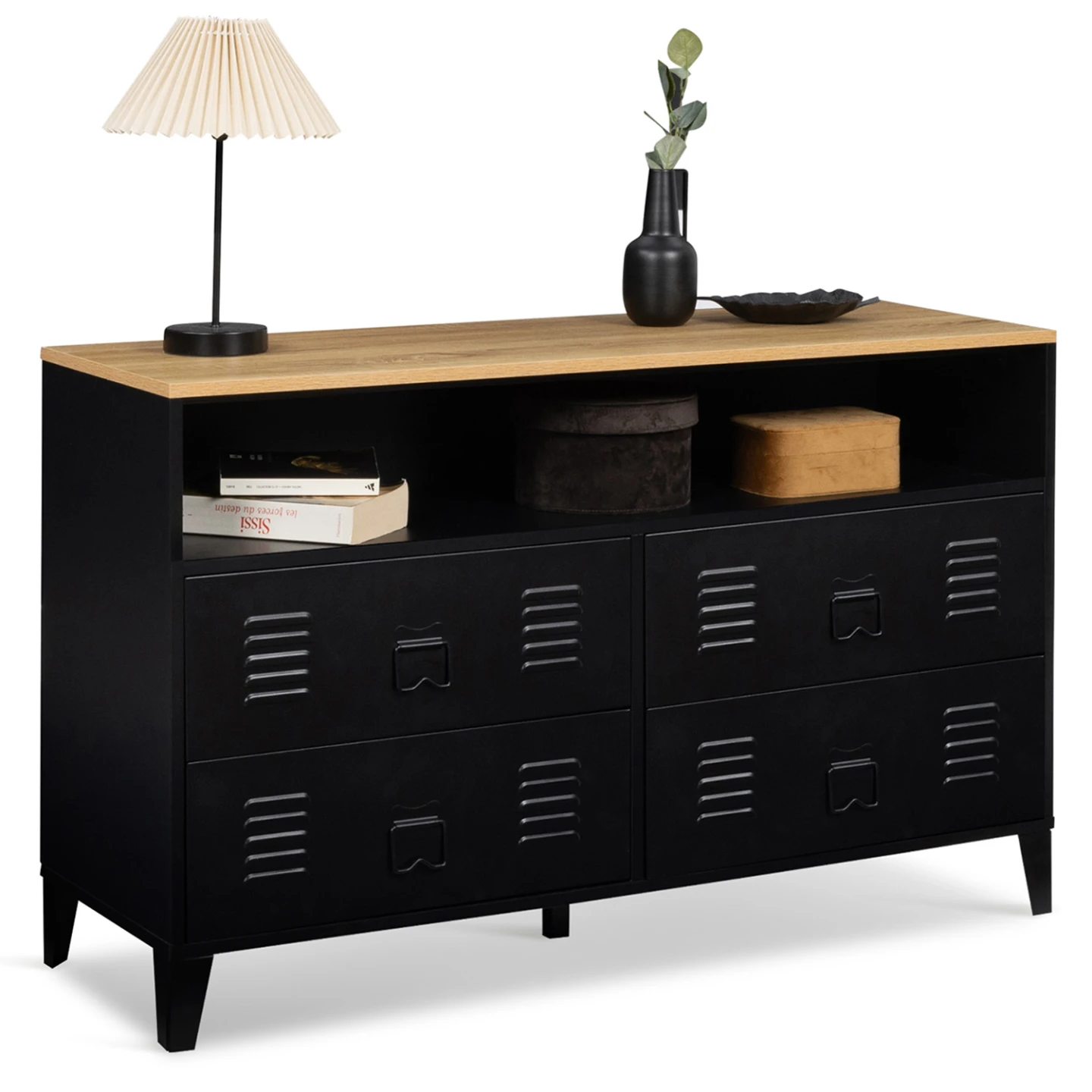 Commode 4 tiroirs ESTER 115 cm métal noir et plateau façon hêtre avec niche design industriel