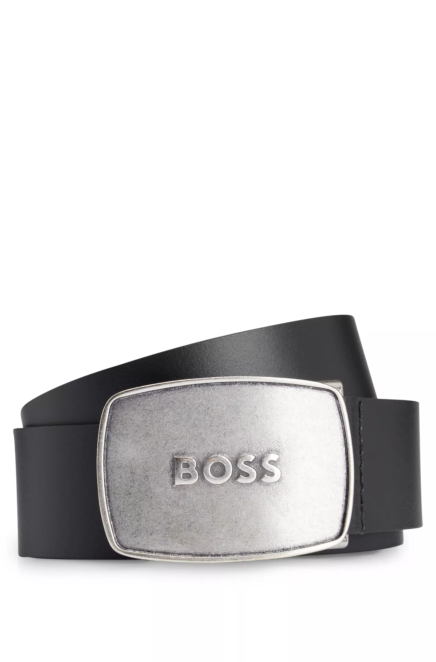 Cinto BOSS em couro preto com fivela de placa com o logotipo em metal escovado.