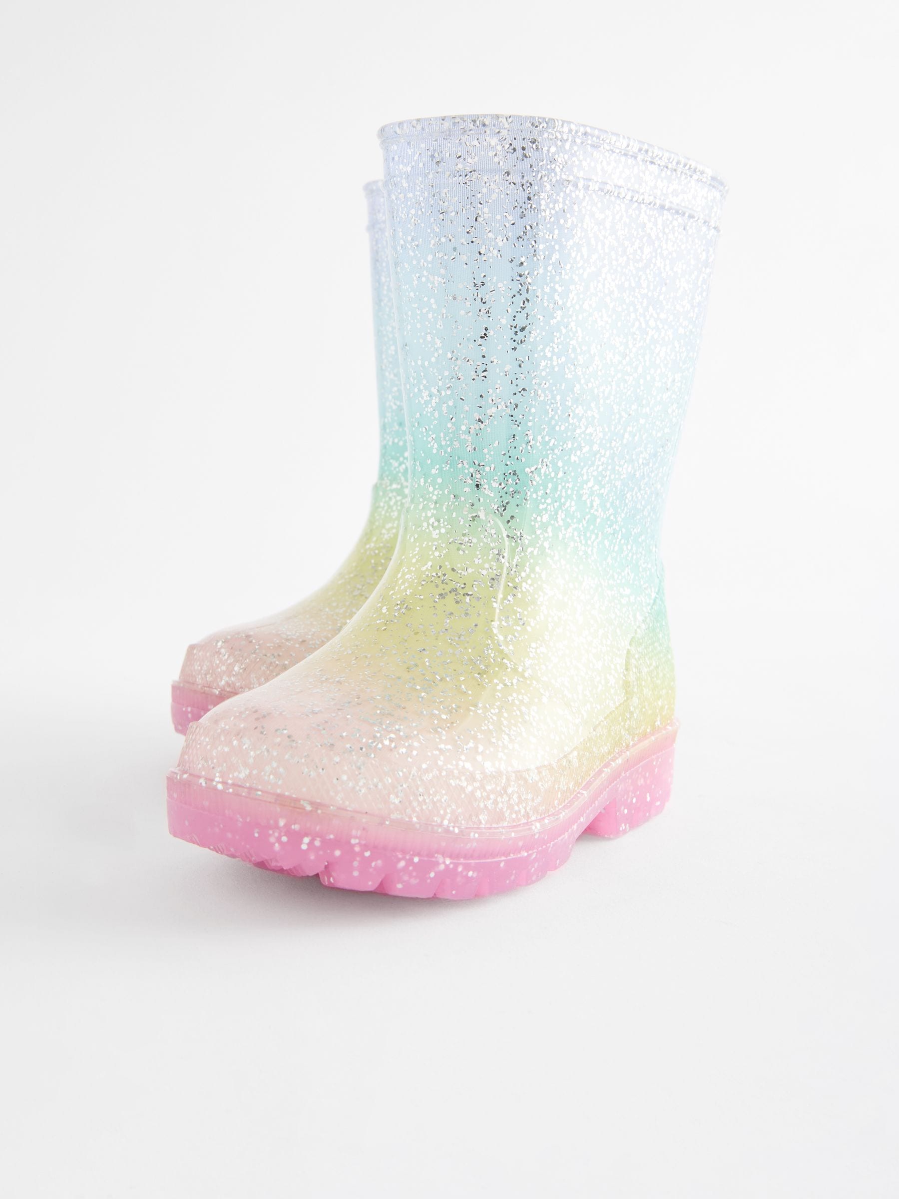 Regenboogprint - Regenlaarzen met glitters