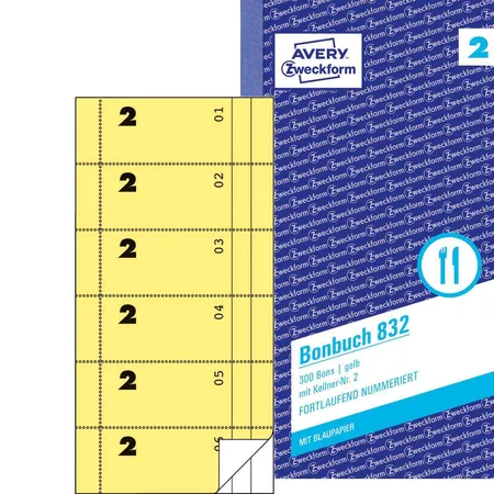 Avery Zweckform 832 Bonbuch, gelb,mit Kellner-Nr. 1-5, 300 Bons
