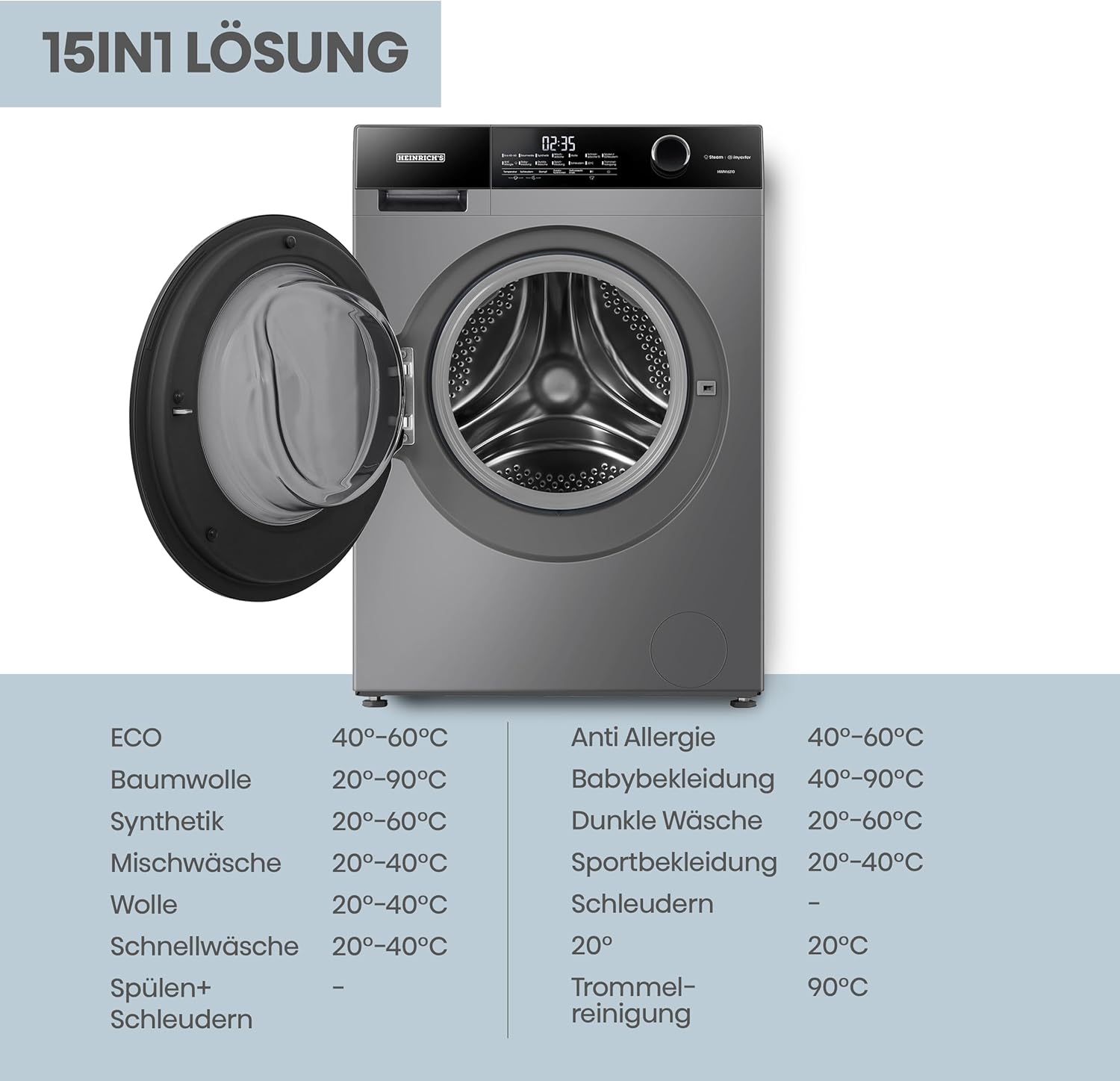 Heinrich´s Waschmaschine, Steam-Funktion, 10kg Mega Kapazität, 15 Programme, 1400 U/min., Aqua-Stop, LED-Display, Endzeitvorwahl, mit Kindersicherung, langlebiger und leiser Inverter Motor,Titan-Grau